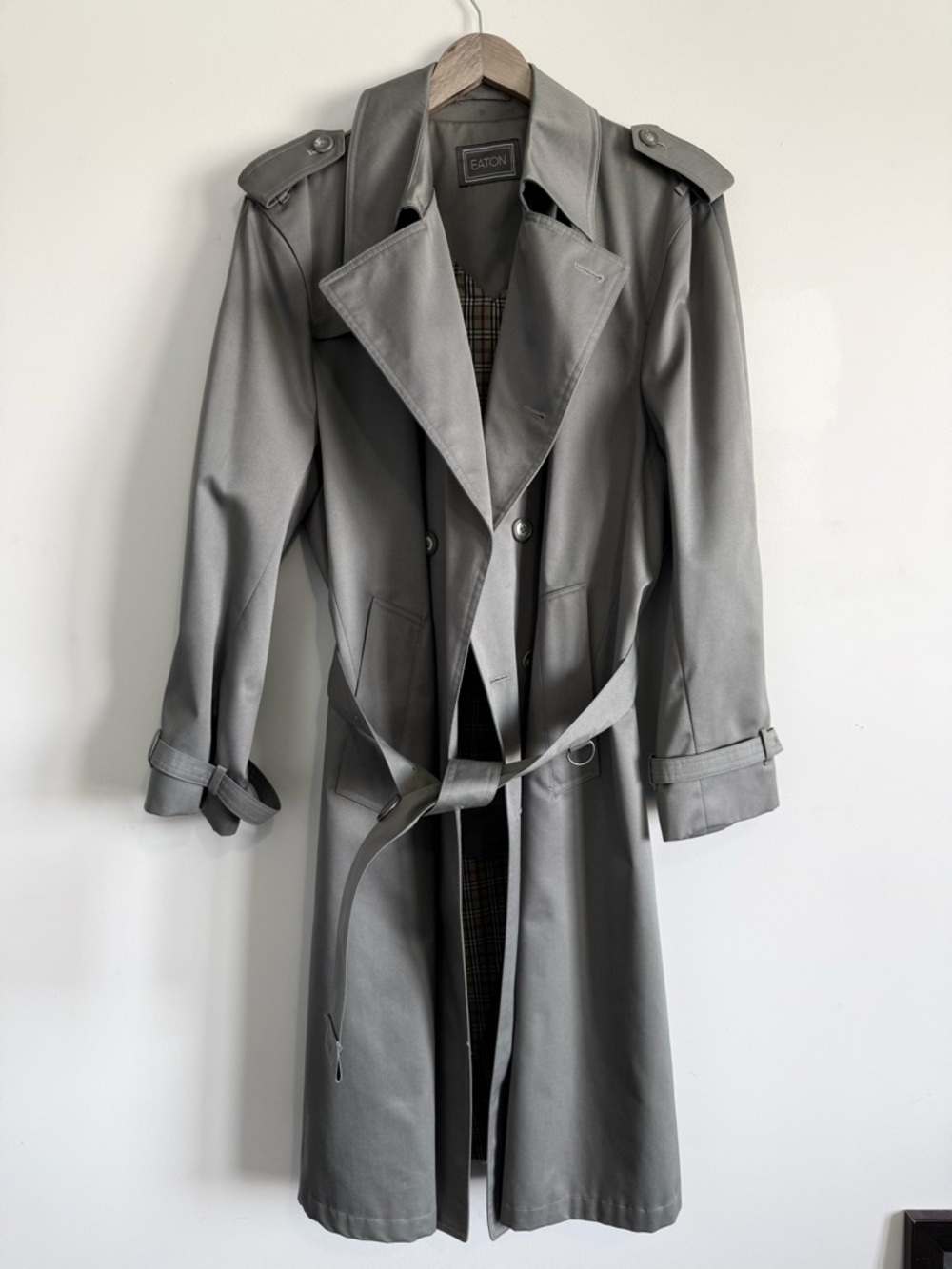 Eaton Vintage Grey Trench Coat - Classic Double-Breasted with Plaid Lining